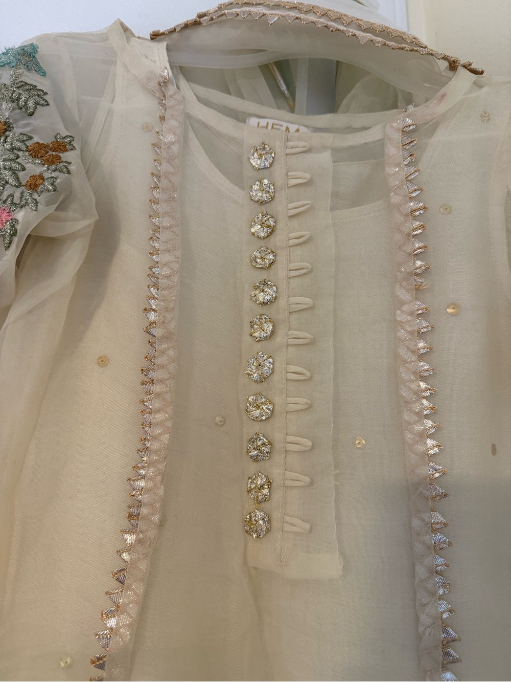 Hem Cream Embroidered Formal Girls Dress with Sheer Dupatta - Picture 9 of 14